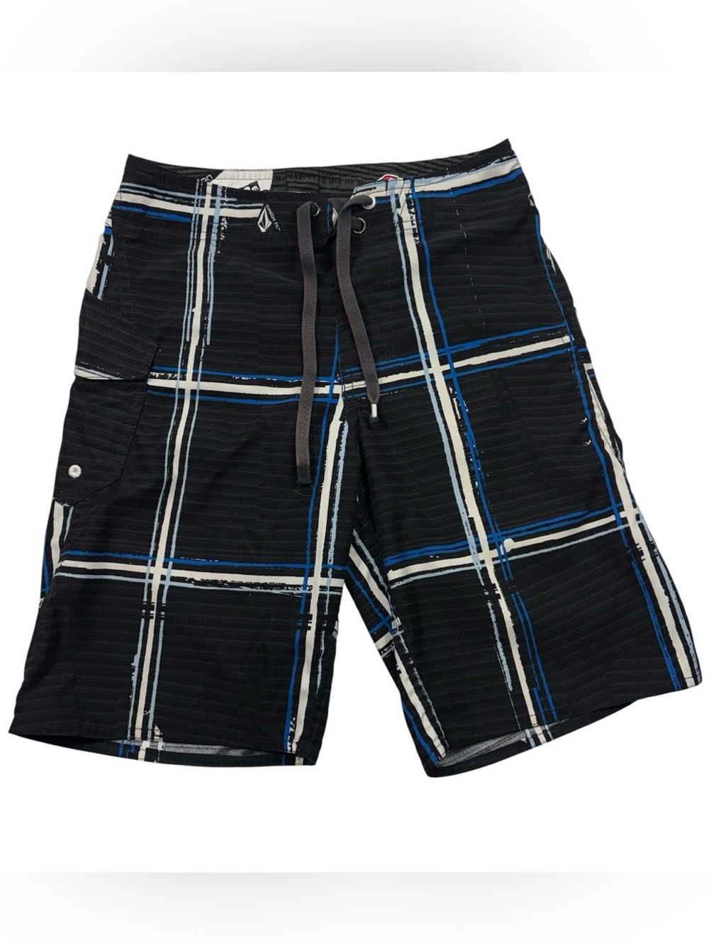 Vintage Y2K Volcom Boardies Black Blue Plaid Board Shorts Swimwear Youth 10/12